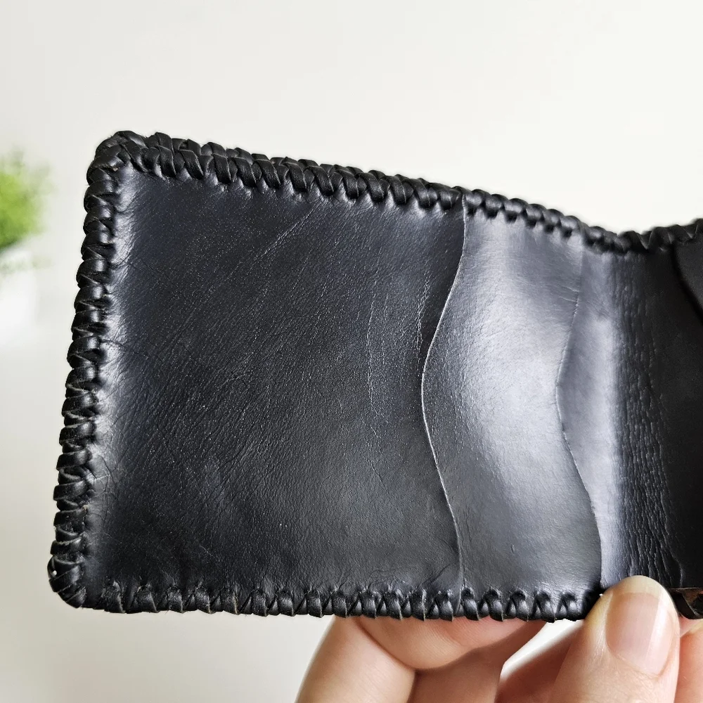 Vintage Tooled Tan Leather Wallet Bi-fold Billfold Tan Brown Floral Leaf Design